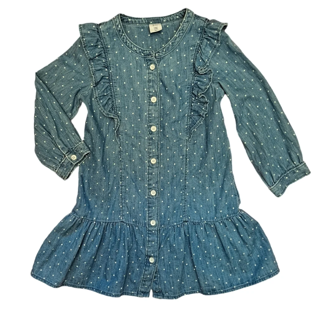 Baby GAP blue denim and white polka dot long sleeve ruffle dress